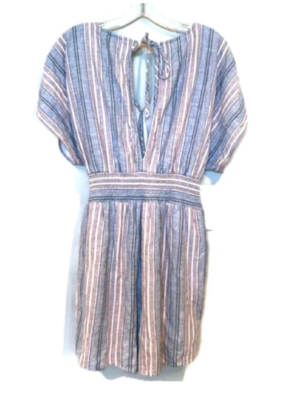 AE Striped V-Neck Romper Linen Cotton Blend Pockets Size Large - Picture 4 of 6
